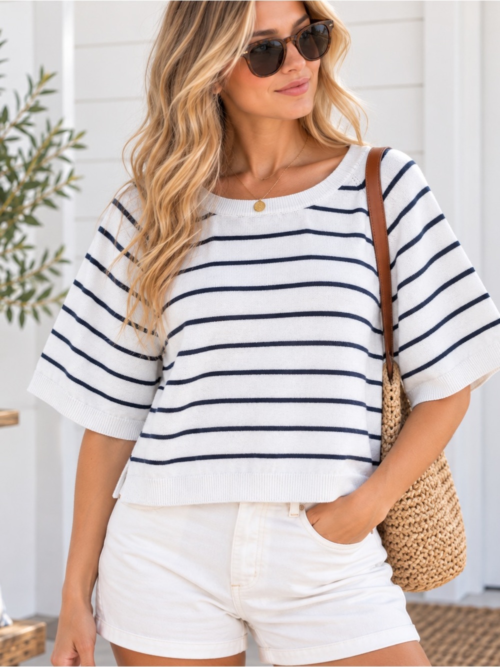 Teeberry & Weave Striped Boxy Knit Top Coastal Preppy S/M